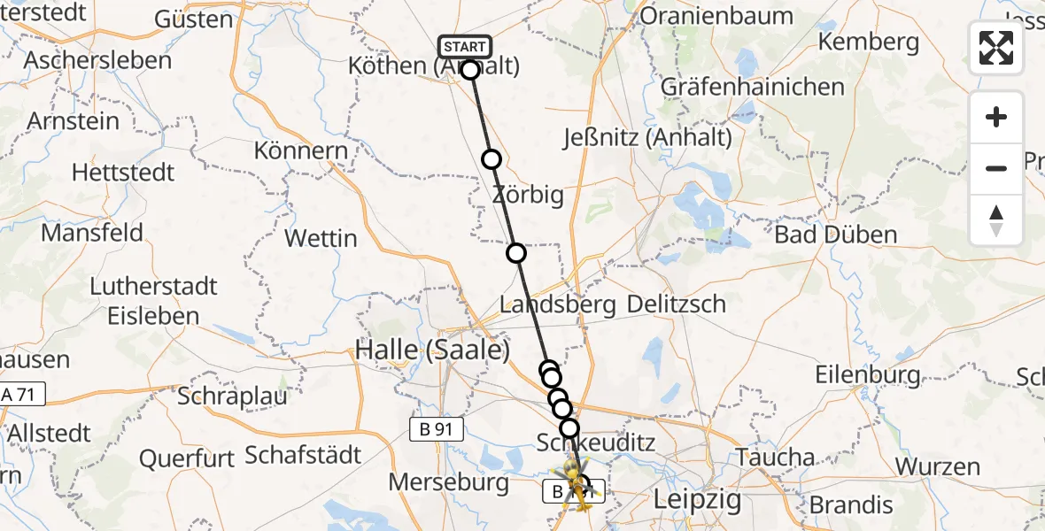 Flugroute Rettungshubschrauber Köthen (Anhalt) - ADAC Air Rescue Station Leipzig/Schkeuditz-Dölzig Hubschrauberlandeplatz (Christoph 61), 31 März 2026, 14:28