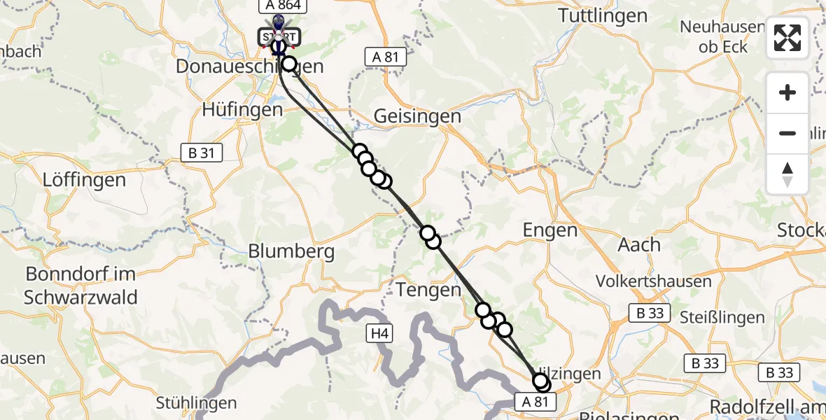 Flugroute Polizeihubschrauber Donaueschingen-Villingen Flugplatz - Donaueschingen-Villingen Flugplatz, 31 März 2026, 14:28