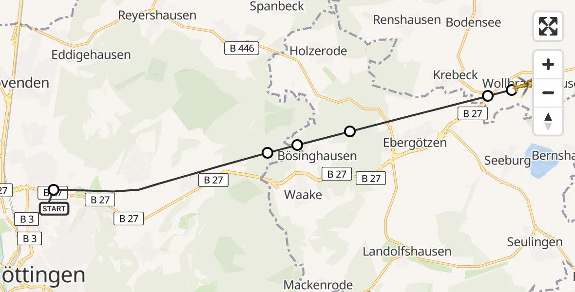 Flugroute Rettungshubschrauber Göttingen University Clinic Hubschrauberlandeplatz - Wollbrandshausen, 31 März 2026, 14:35