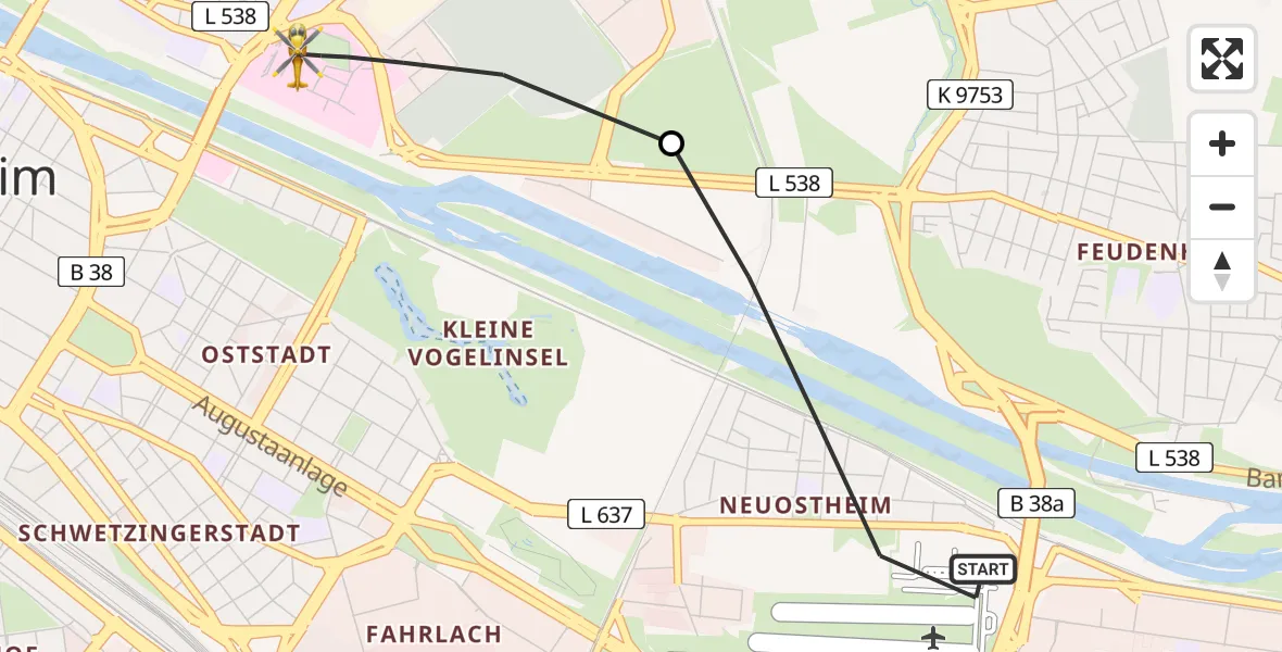 Routekaart van de vlucht: Rettungshubschrauber nach Mannheim, Theodor-Kutzer-Ufer