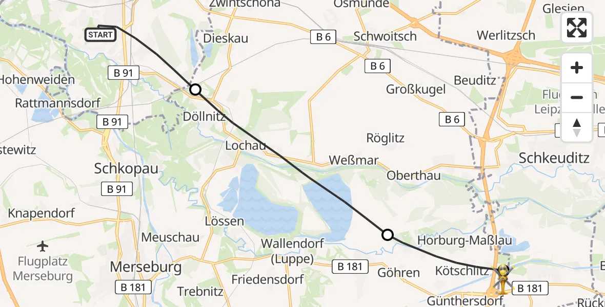Flugroute Rettungshubschrauber Halle (Saale) - ADAC Air Rescue Station Leipzig/Schkeuditz-Dölzig Hubschrauberlandeplatz (Christoph 61), 31 März 2026, 14:47