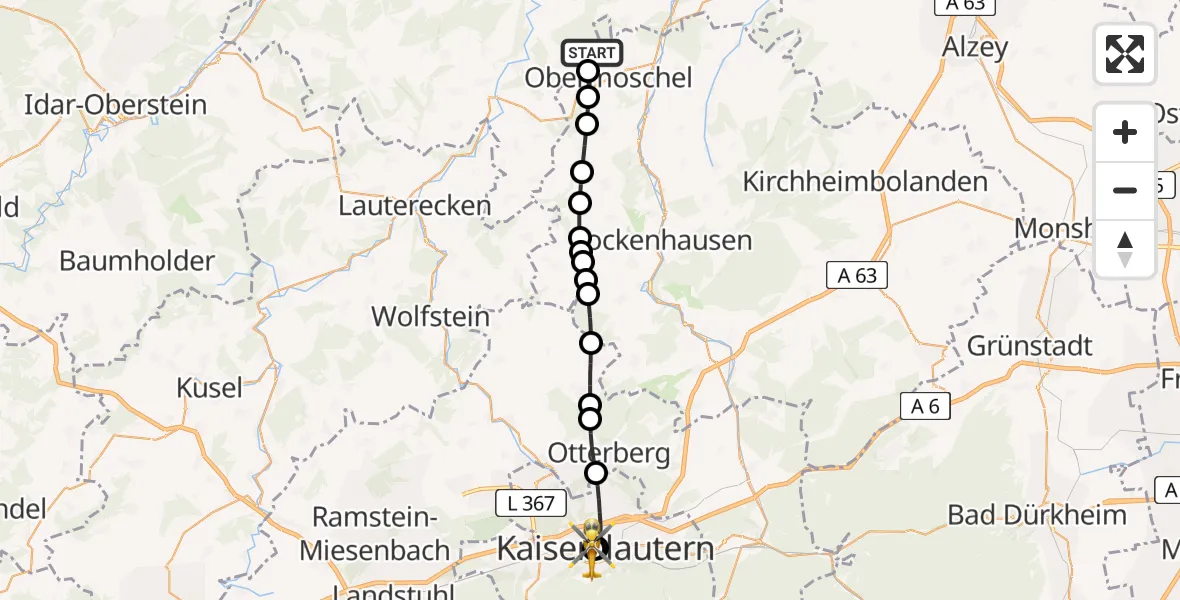 Routekaart van de vlucht: Rettungshubschrauber nach Westpfalz Hospital Kaiserslautern