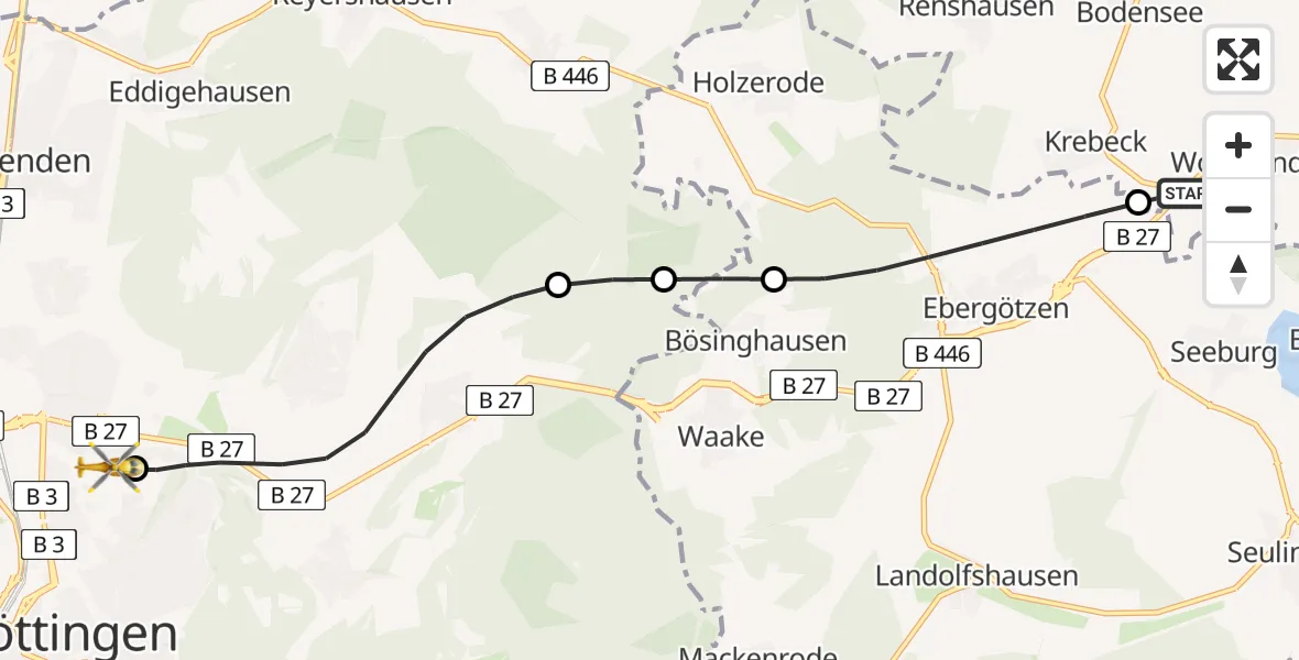 Routekaart van de vlucht: Rettungshubschrauber nach Göttingen University Clinic Hubschrauberlandeplatz