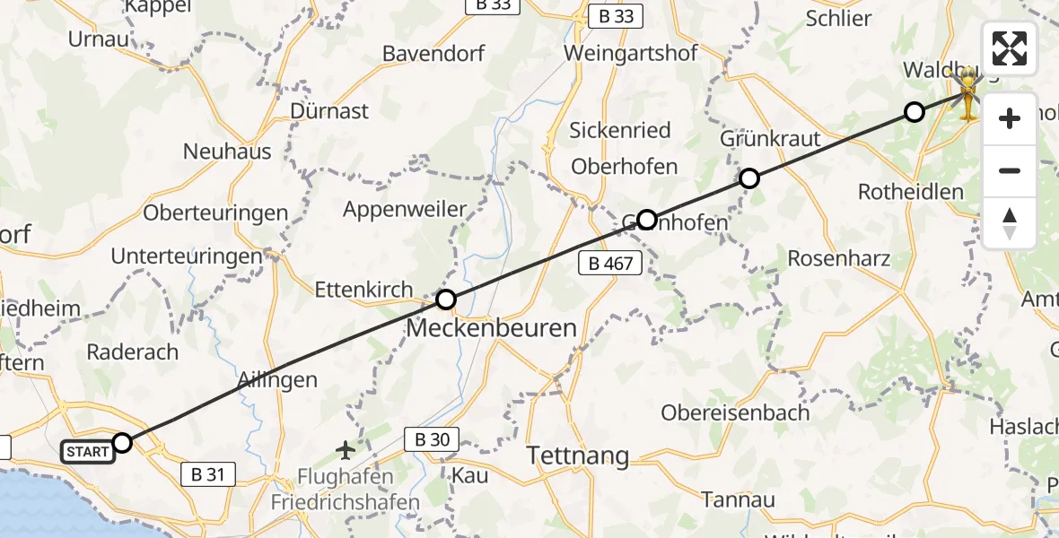 Flugroute Rettungshubschrauber Friedrichshafen Hospital - Waldburg, 31 März 2026, 15:13