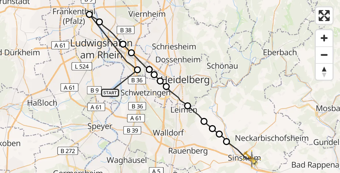 Routekaart van de vlucht: Rettungshubschrauber nach Sinsheim, Gaugraf-Zeisolf-Straße