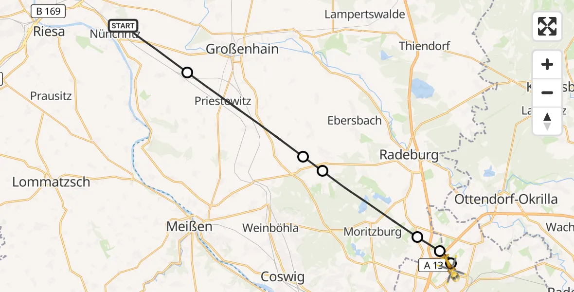 Routekaart van de vlucht: Rettungshubschrauber nach Dresden Bundespolizei Hubschrauberlandeplatz