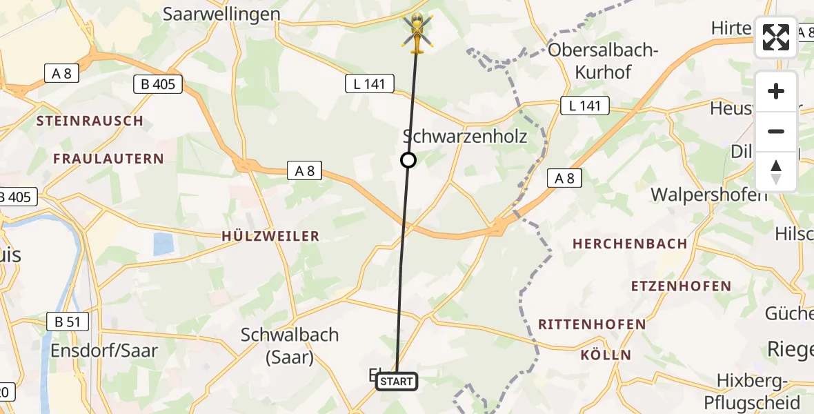 Routekaart van de vlucht: Rettungshubschrauber nach Saarwellingen, Labacher Hof