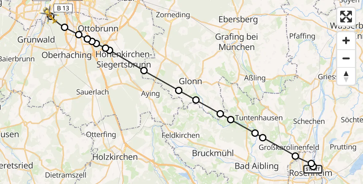 Flugroute Rettungshubschrauber RoMed Hospital Rosenheim - ADAC Air Rescue Center Hubschrauberlandeplatz (Christoph 1), 31 März 2026, 15:36