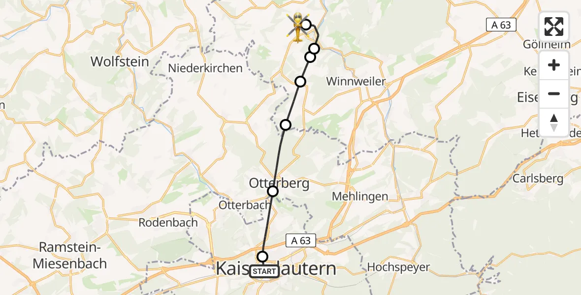 Flugroute Rettungshubschrauber Westpfalz Hospital Kaiserslautern - Imsweiler UL, 31 März 2026, 15:45