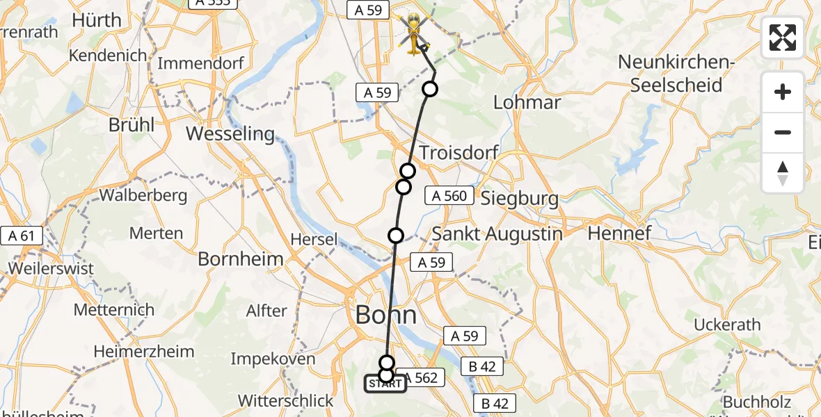 Flugroute Ambulanzhubschrauber Bonn University Hospital - Köln Bonn Flughafen, 31 März 2026, 15:46