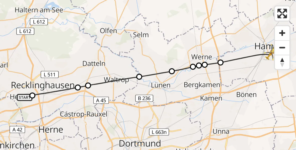 Routekaart van de vlucht: Rettungshubschrauber nach Hamm, Krokusweg