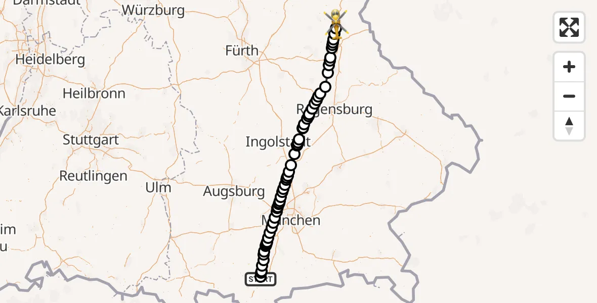 Flugroute Rettungshubschrauber Murnau Accident Hospital - Weiden i.d.OPf., 31 März 2026, 16:15