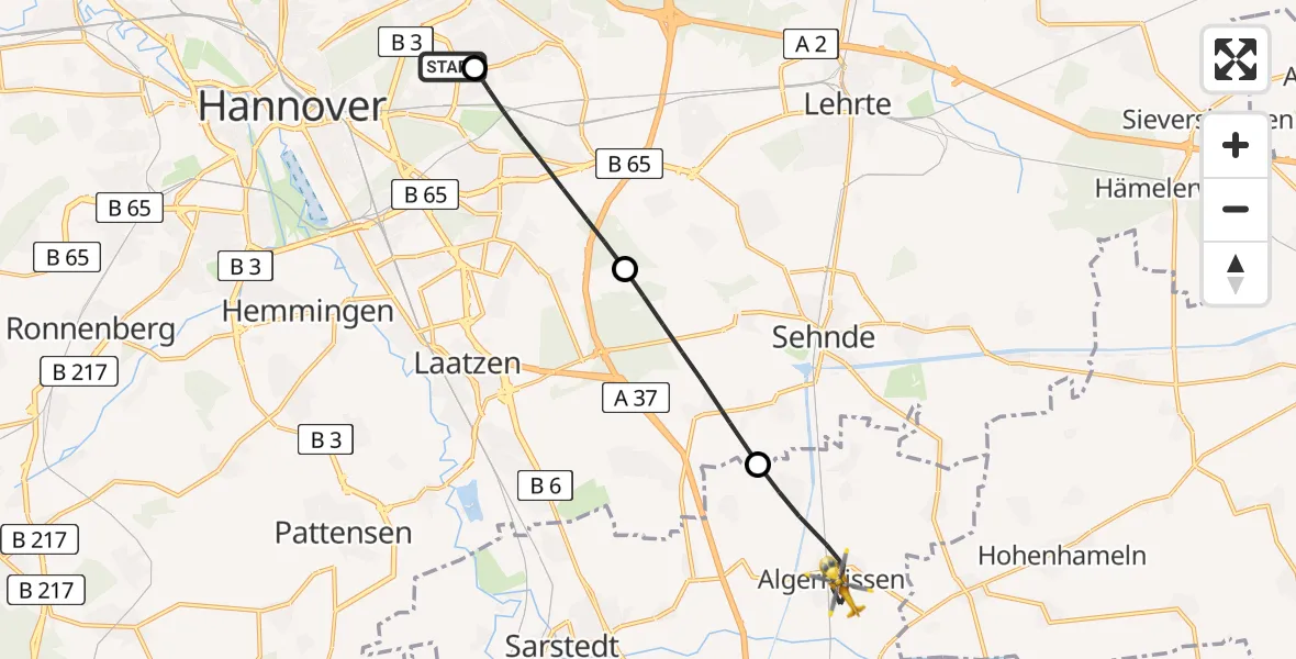 Flugroute Rettungshubschrauber Hannover Luftrettung Hubschrauberlandeplatz (Christoph 4) - Algermissen, 31 März 2026, 16:25
