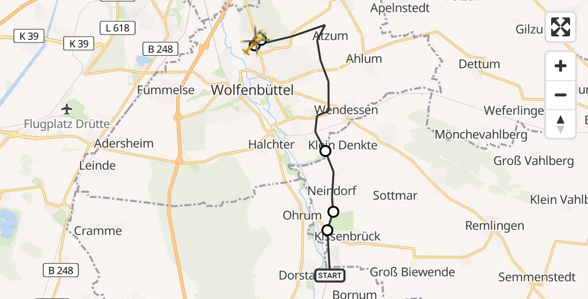 Flugroute Rettungshubschrauber Börßum - Wolfenbüttel Municipal Hospital Heliport (Christoph 30), 31 März 2026, 16:25