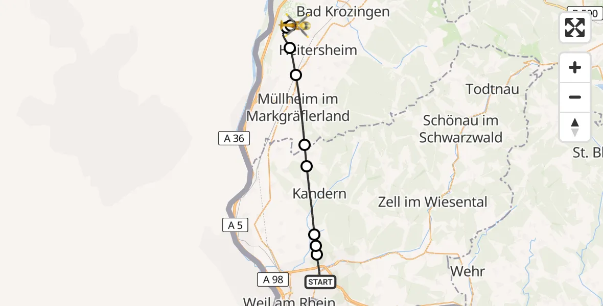 Routekaart van de vlucht: Rettungshubschrauber nach Bremgarten Flugplatz