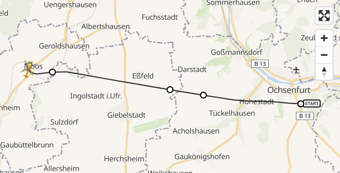 Flugroute Rettungshubschrauber Ochsenfurt Hospital - Geroldshausen, 31 März 2026, 16:34