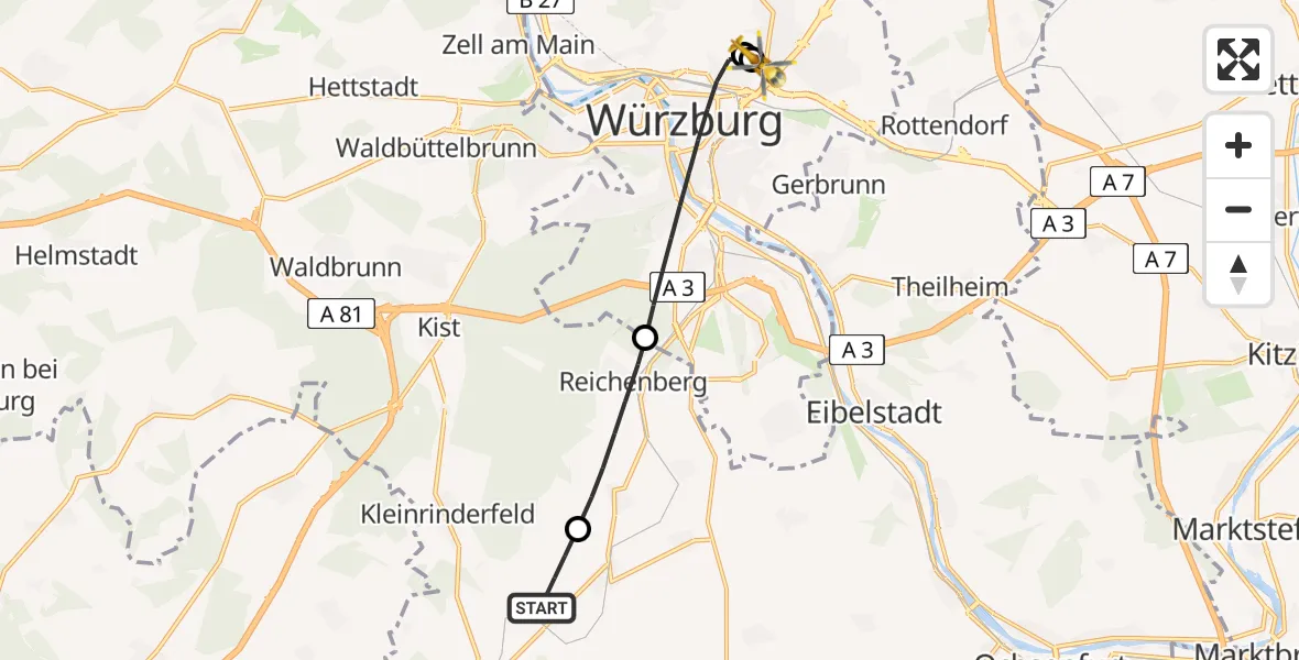 Routekaart van de vlucht: Rettungshubschrauber nach Würzburg University Hospital Rooftop