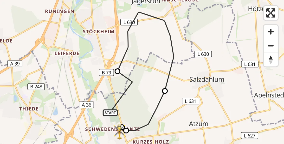 Flugroute Rettungshubschrauber Wolfenbüttel - Wolfenbüttel Municipal Hospital Heliport (Christoph 30), 31 März 2026, 17:01