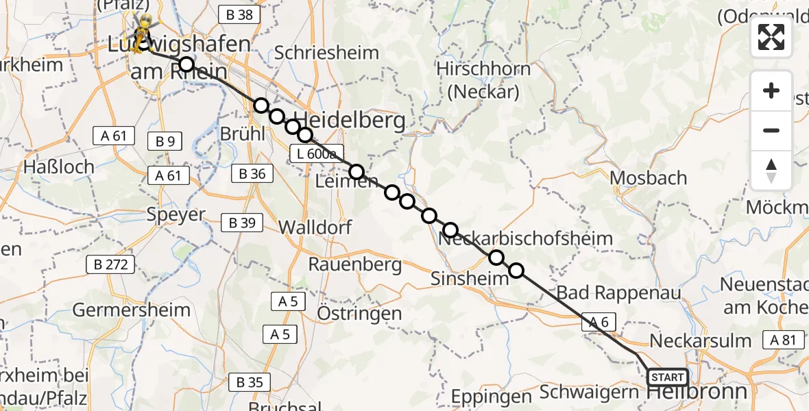 Routekaart van de vlucht: Rettungshubschrauber nach Ludwigshafen am Rhein, Prälat-Caire-Straße