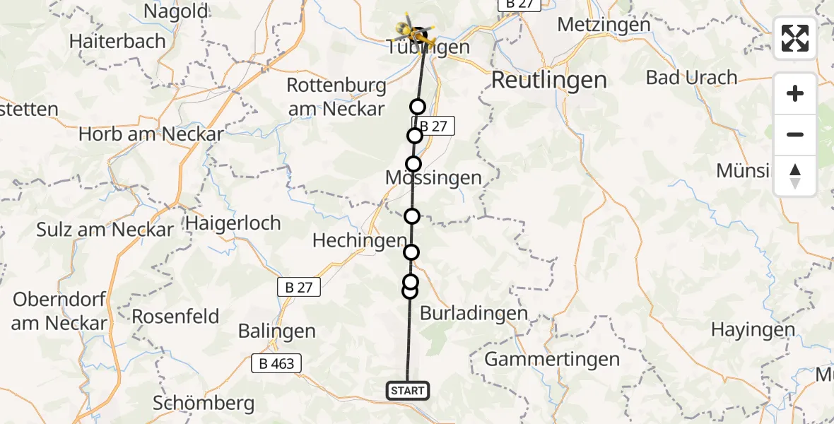 Routekaart van de vlucht: Rettungshubschrauber nach Tübingen University Hospital