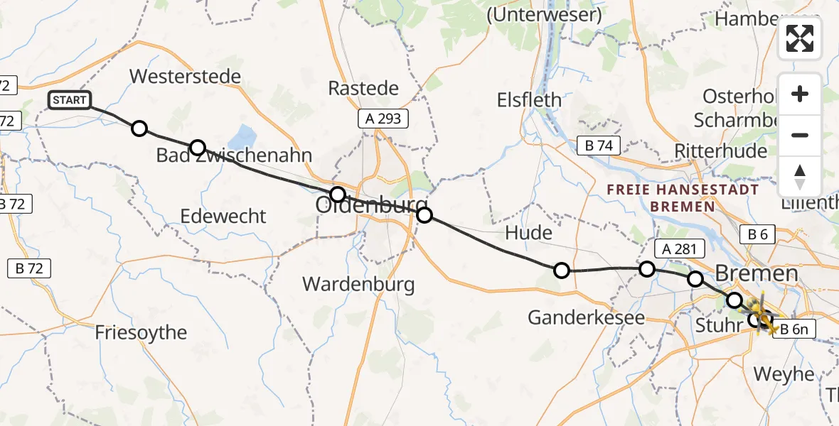 Flugroute Rettungshubschrauber Apen - ADAC Air Rescue Station Bremen Hubschrauberlandeplatz (Christoph 6), 31 März 2026, 17:12