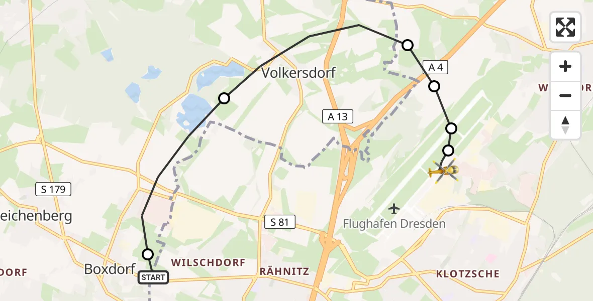 Flugroute Rettungshubschrauber Dresden - Dresden Bundespolizei Hubschrauberlandeplatz, 31 März 2026, 17:15