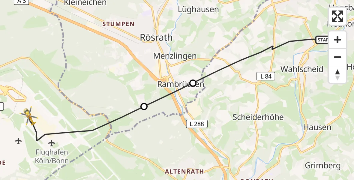 Routekaart van de vlucht: Rettungshubschrauber nach Köln Bonn Flughafen