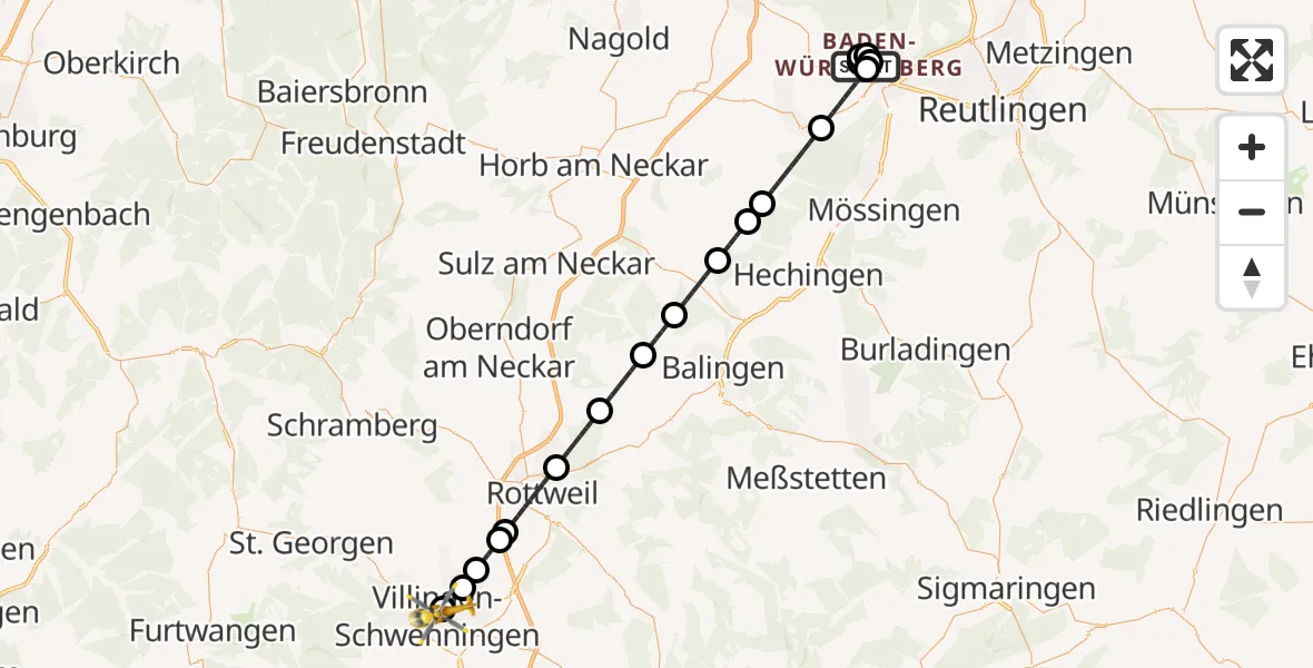Flugroute Rettungshubschrauber Tübingen University Hospital - DRF Air Rescue Station Villingen-Schwenningen Hubschrauberlandeplatz (Christoph 11), 31 März 2026, 17:50