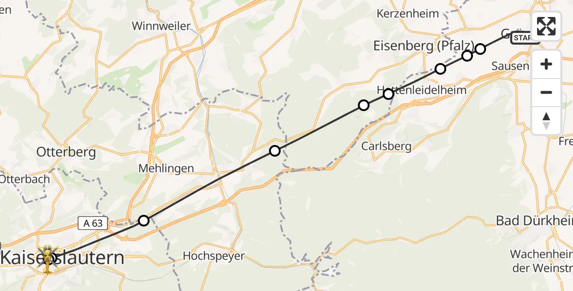 Routekaart van de vlucht: Rettungshubschrauber nach Westpfalz Hospital Kaiserslautern