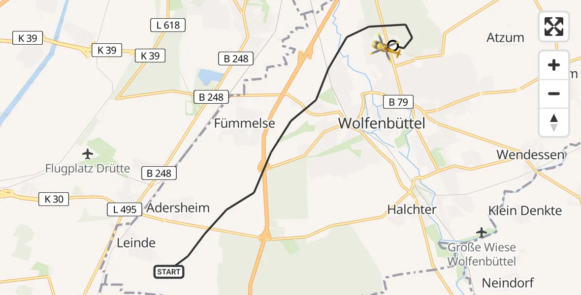 Flugroute Rettungshubschrauber Wolfenbüttel - Wolfenbüttel Municipal Hospital Heliport (Christoph 30), 31 März 2026, 18:19