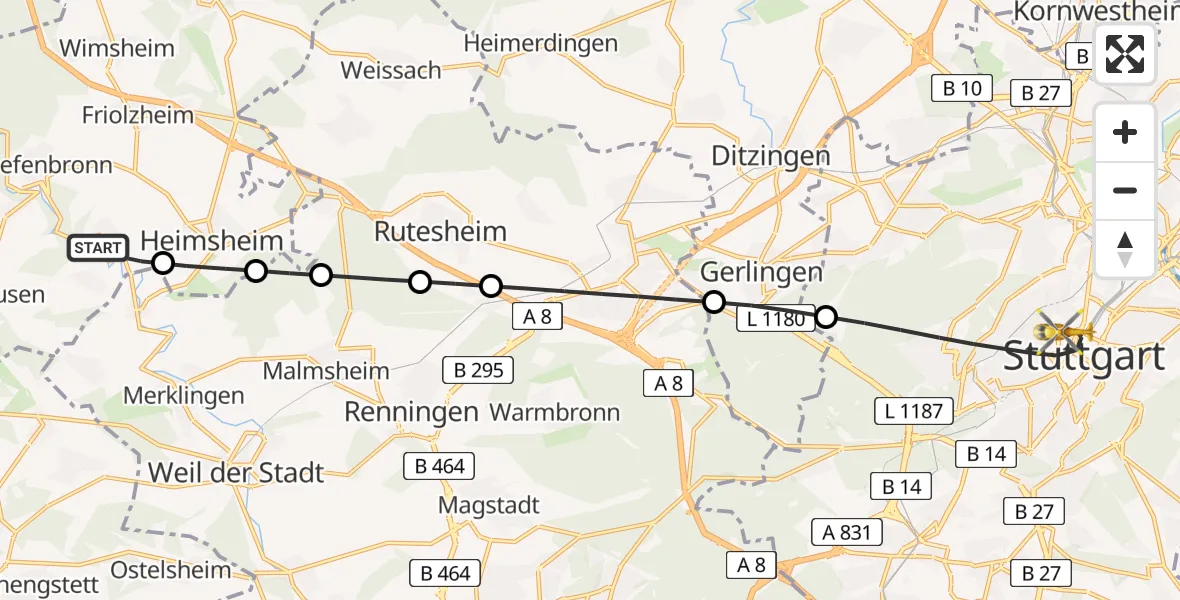Flugroute Rettungshubschrauber Tiefenbronn - Stuttgart, 31 März 2026, 18:19