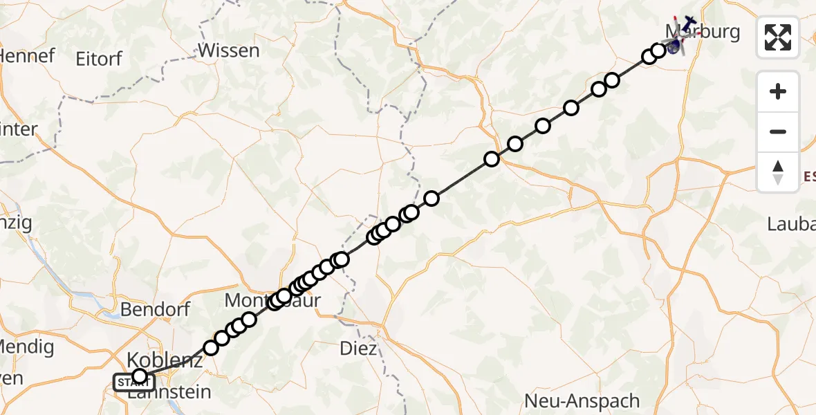 Flugroute Polizeihubschrauber Koblenz-Winningen Flugplatz - Marburg, 31 März 2026, 18:21