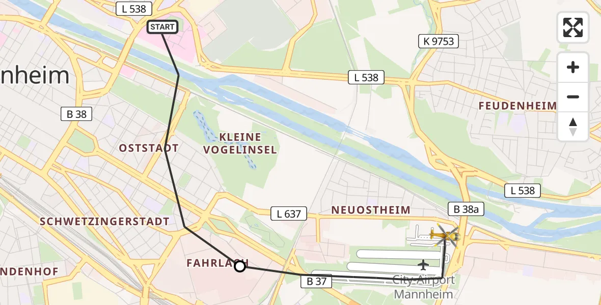Flugroute Rettungshubschrauber Mannheim - Mannheim-City Flughafen, 31 März 2026, 18:53