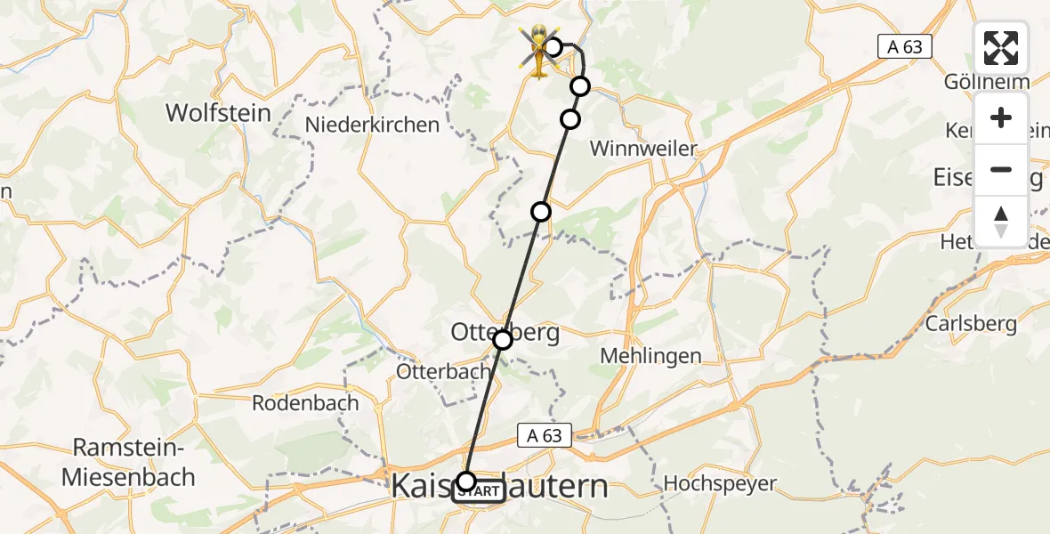 Flugroute Rettungshubschrauber Westpfalz Hospital Kaiserslautern - Imsweiler UL, 31 März 2026, 18:56