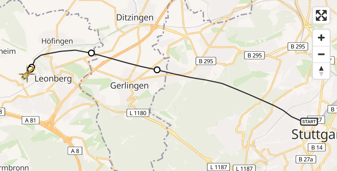 Flugroute Rettungshubschrauber Stuttgart - Leonberg Hospital, 31 März 2026, 18:57