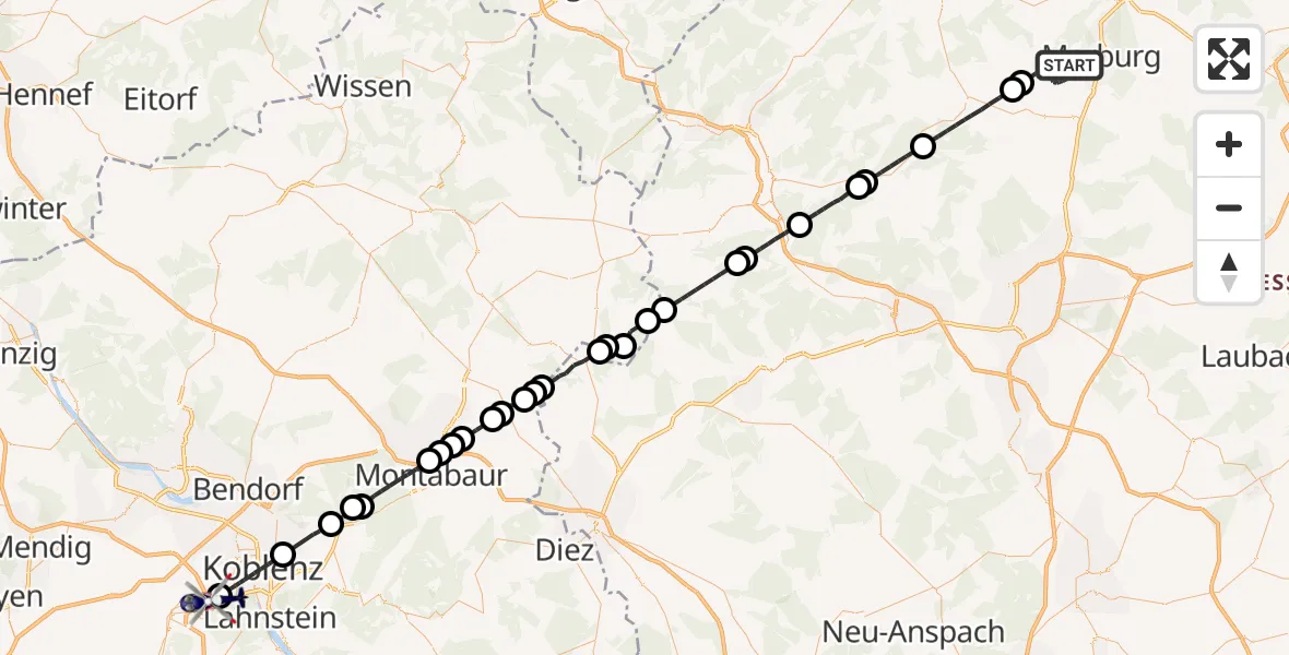 Routekaart van de vlucht: Polizeihubschrauber nach Koblenz-Winningen Flugplatz