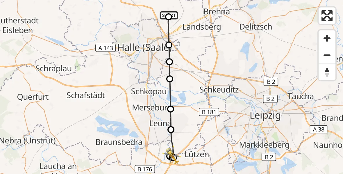 Flugroute Ambulanzhubschrauber Halle-Oppin Flugplatz - Bad Dürrenberg, 31 März 2026, 19:12
