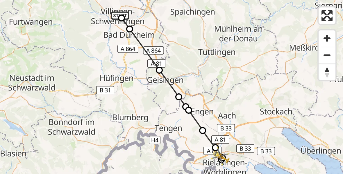 Routekaart van de vlucht: Rettungshubschrauber nach Singen (Hohentwiel), Münchriedstraße
