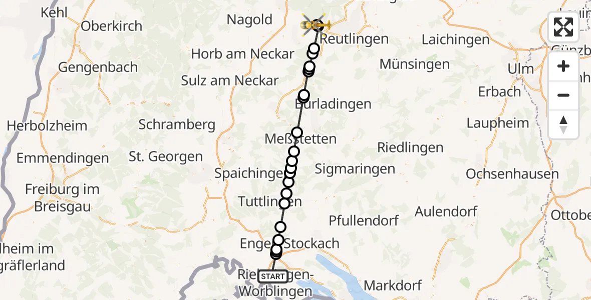 Flugroute Rettungshubschrauber Singen (Hohentwiel) - Tübingen Trauma Hospital, 31 März 2026, 19:54