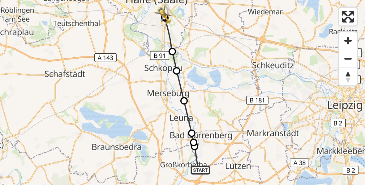 Routekaart van de vlucht: Ambulanzhubschrauber nach BG Hospital Bergmannstrost Halle