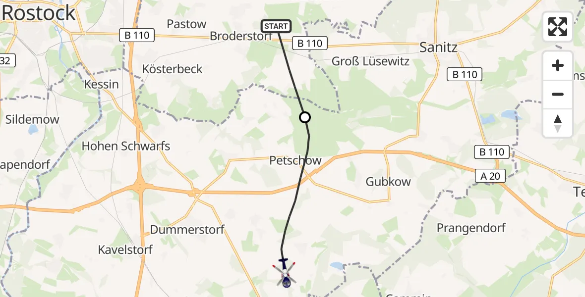 Routekaart van de vlucht: Polizeihubschrauber nach Dummerstorf
