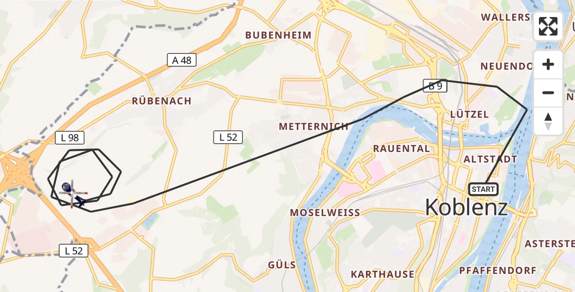 Flugroute Polizeihubschrauber Koblenz - Koblenz, 31 März 2026, 20:59