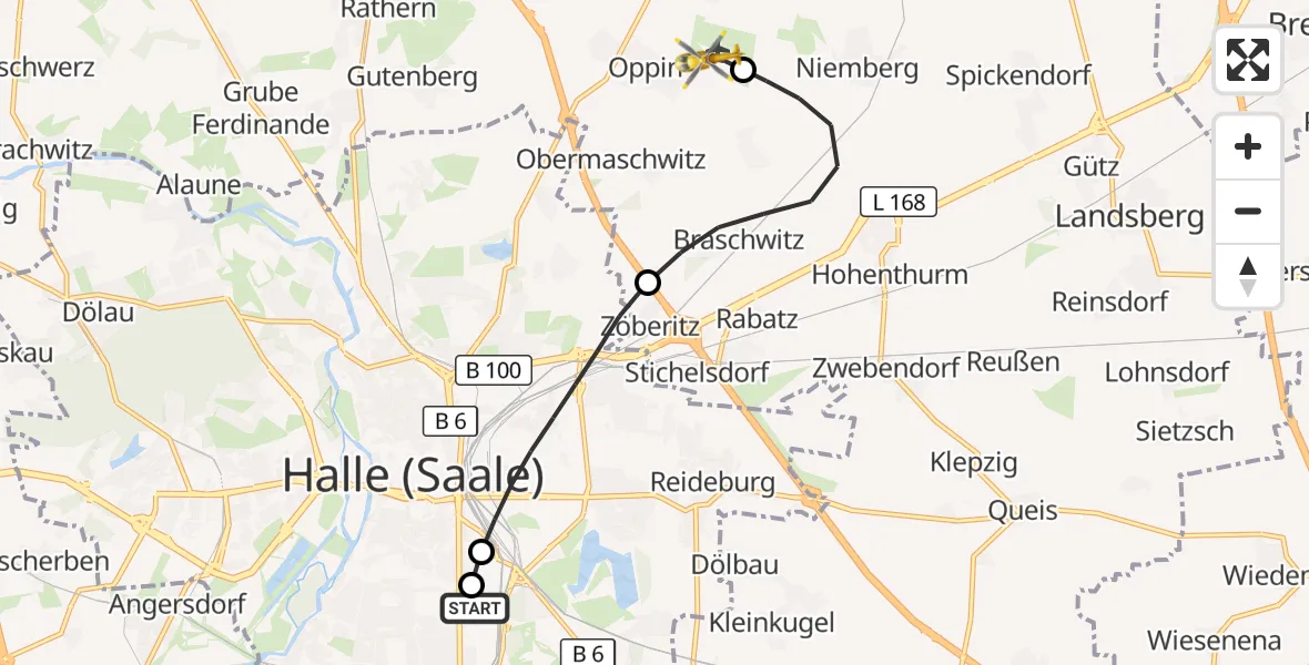 Flugroute Ambulanzhubschrauber BG Hospital Bergmannstrost Halle - Halle-Oppin Flugplatz, 31 März 2026, 21:02