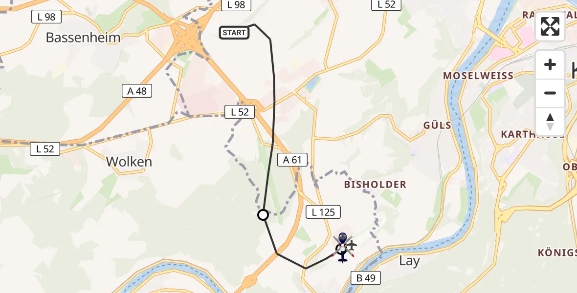 Flugroute Polizeihubschrauber Koblenz - Koblenz-Winningen Flugplatz, 31 März 2026, 21:10