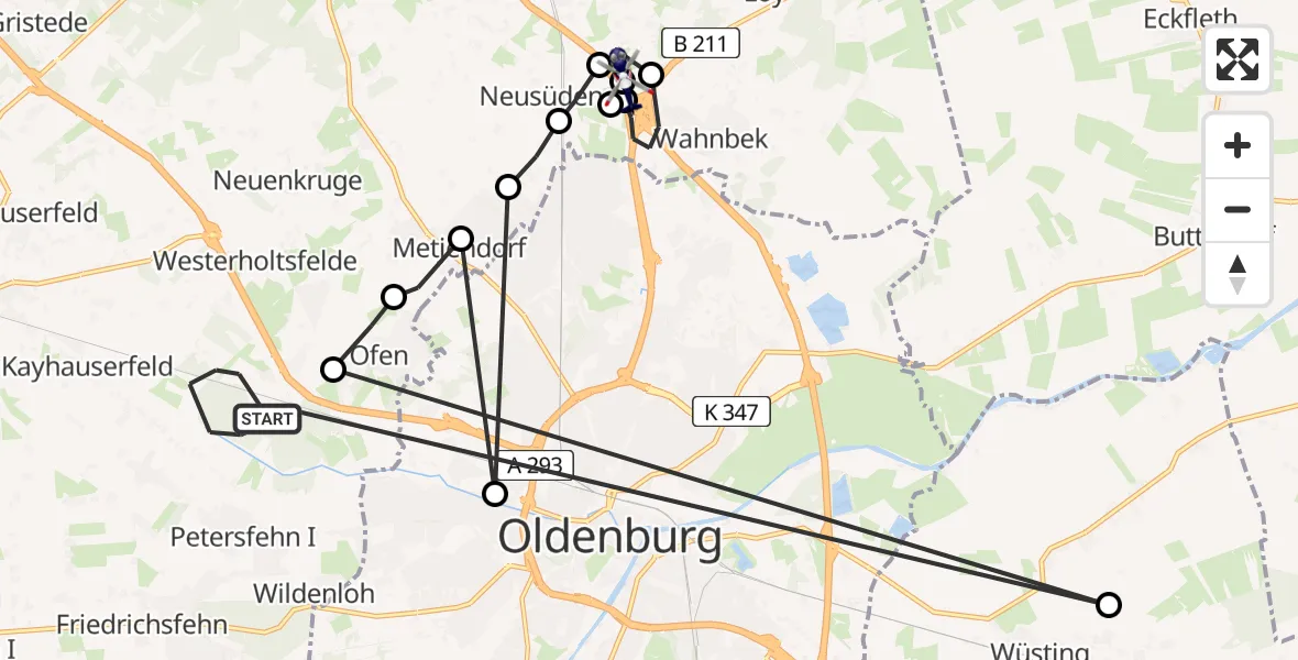 Routekaart van de vlucht: Polizeihubschrauber nach Oldenburg Police Hubschrauberlandeplatz