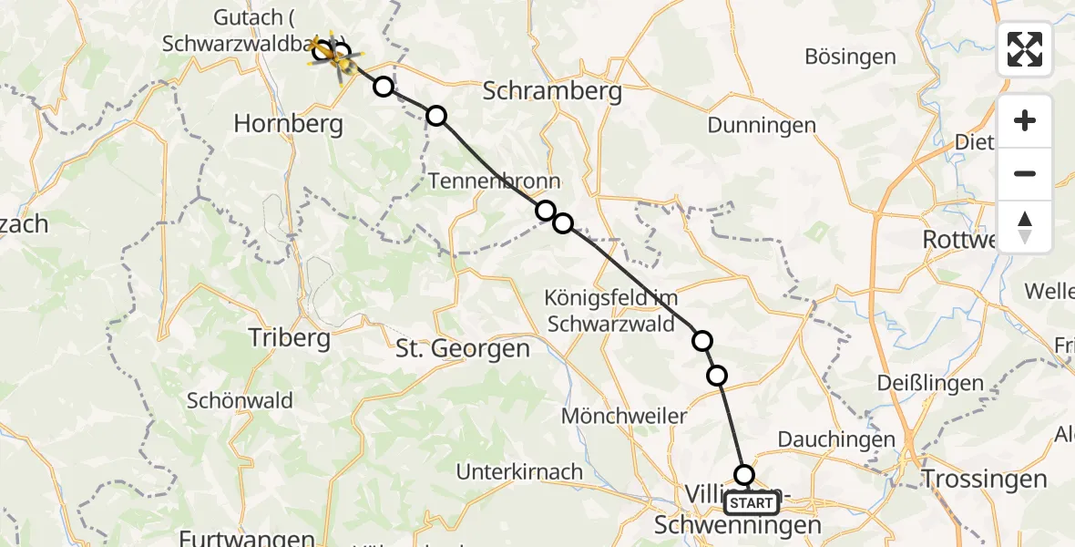 Flugroute Rettungshubschrauber DRF Air Rescue Station Villingen-Schwenningen Hubschrauberlandeplatz (Christoph 11) - Hornberg, 31 März 2026, 23:35