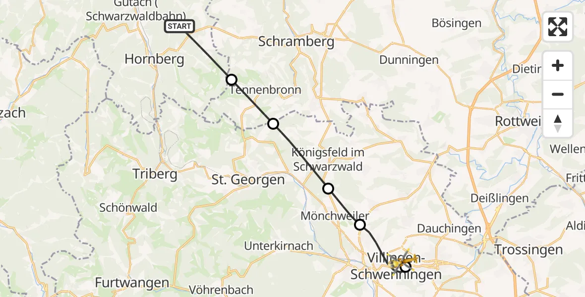 Routekaart van de vlucht: Rettungshubschrauber nach DRF Air Rescue Station Villingen-Schwenningen Hubschrauberlandeplatz (Christoph 11)
