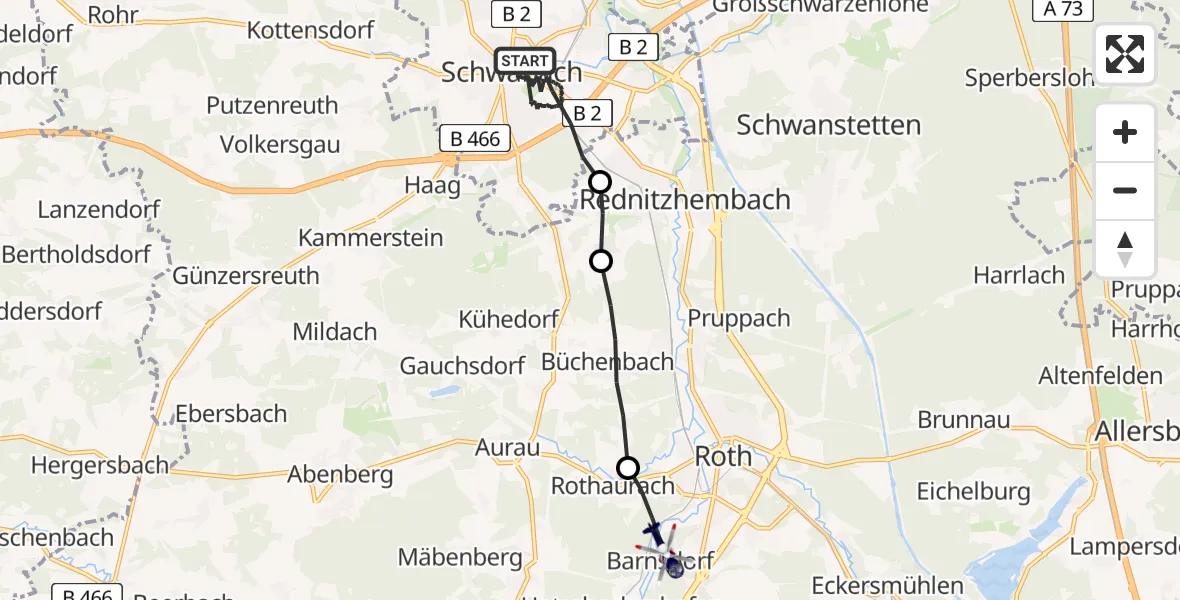 Flugroute Polizeihubschrauber Schwabach - Roth, 01 April 2026, 01:35