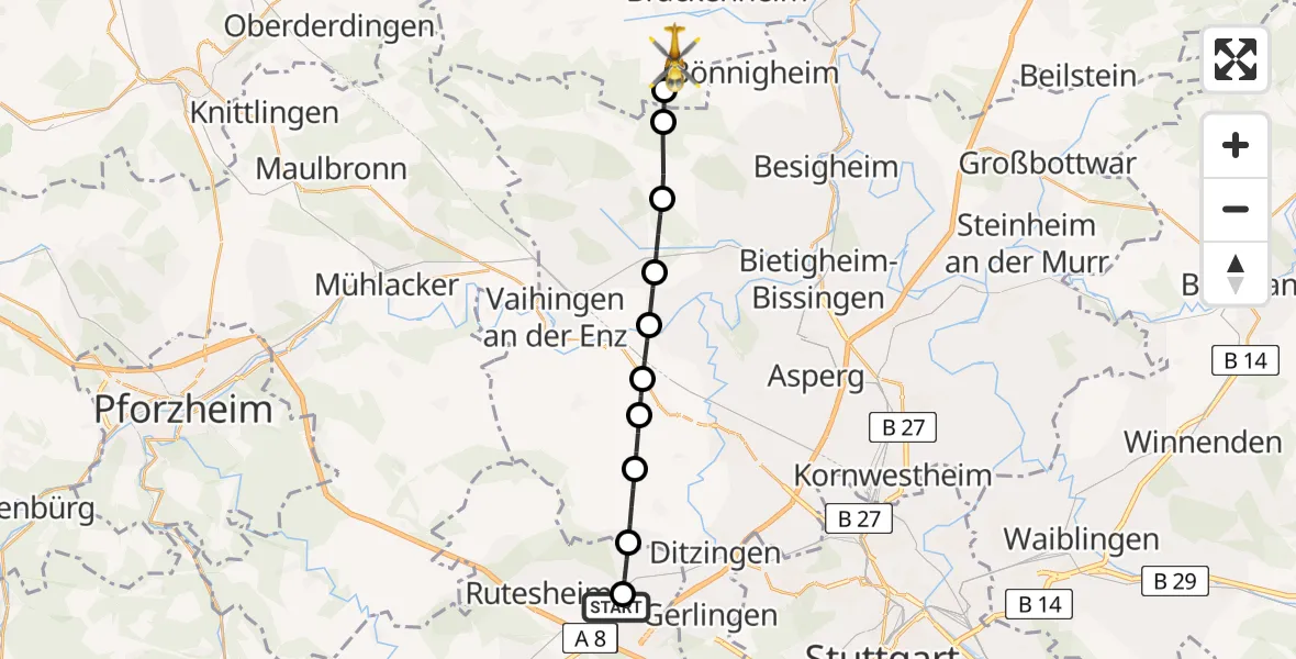 Flugroute Rettungshubschrauber Leonberg Hospital - Cleebronn, 01 April 2026, 06:01