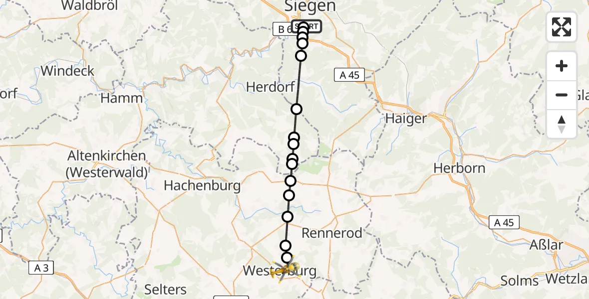 Flugroute Rettungshubschrauber Evangelisches Jung-Stilling Hospital - Westerburg, 01 April 2026, 06:37